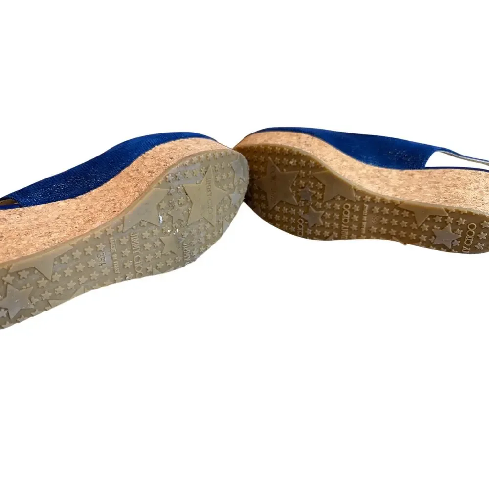 Jimmy Choo Platform Slingback Wedge Cork Peep Toe Sandals Blue 8.5